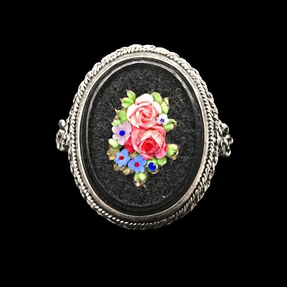 Antique Black and Sterling Silver Micro-Mosaic Ring With Flowers Size 7 - Picture 2 of 8